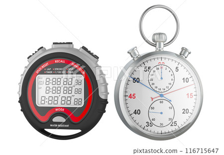 Stopwatch and Digital Sports Stopwatch, professional timer stopwatch. 3D rendering Stopwatch and Digital Sports Stopwatch, professional timer stopwatch. 3D rendering 116715647