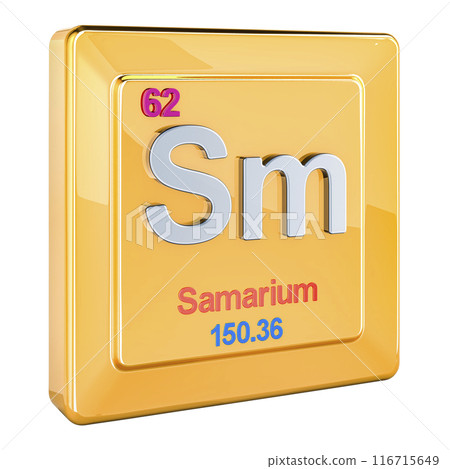 Samarium Sm, chemical element sign with number 62 in periodic table. 3D rendering 116715649