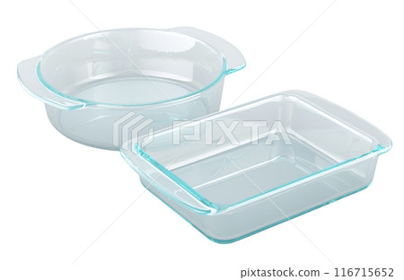 Clear Glass Baking Dishes. Round and rectangular shapes. 3D rendering 116715652