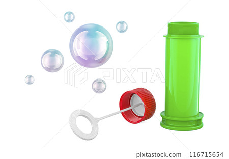 Soap Bubble Bottle with bubble wand and soap bubbles, 3D rendering Soap Bubble Bottle with bubble wand and soap bubbles, 3D rendering 116715654