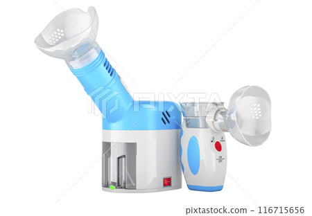 Steam inhaler, personal humidifier and portable nebulizer. 3D rendering Steam inhaler, personal humidifier and portable nebulizer. 3D rendering 116715656
