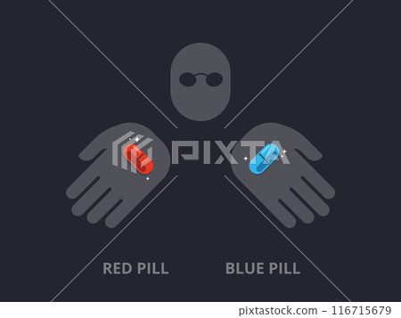 A shady person offer the red pill and blue pill. Isolated Vector Illustration A shady person offer the red pill and blue pill. Isolated Vector Illustration 116715679