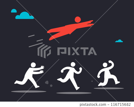 A red man is flying over running people. Isolated Vector Illustration 116715682