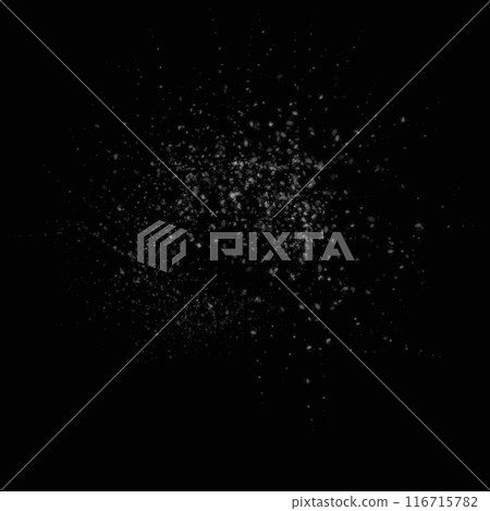 Snowfall, falling white snow, blizzard. Transparent background black. Realistic snowflakes. Isolated pattern backdrop. 116715782