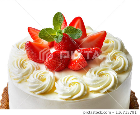 Whole cake decorated with strawberries and fresh cream on a white background Whole cake decorated with strawberries and fresh cream on a white background 116715791