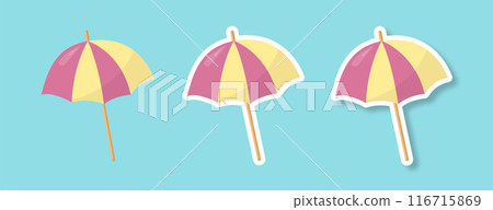 A set of sun umbrellas on a blue background. Stickers of beach umbrellas with shade. 116715869
