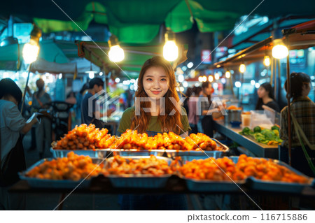 Young female vendor serving tteokbokki at a street food stall Young female vendor serving tteokbokki at a street food stall 116715886