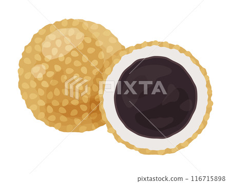 Illustration of a cross section of a sesame dumpling with black sesame paste Illustration of a cross section of a sesame dumpling with black sesame paste 116715898