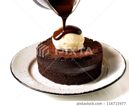 The moment chocolate sauce is poured onto a rich chocolate cake topped with vanilla ice cream, white background 116715977