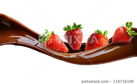 Dynamic image of strawberries and chocolate sauce, cut out on white background 116716106