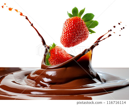 草莓和巧克力醬的動態圖像，白色背景上的切口 116716114