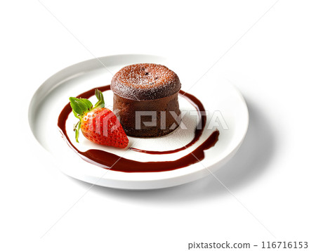 Dessert plate with fondant chocolate and strawberries on a white background 116716153