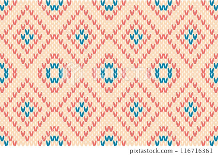 Geometric diamond pattern with red and blue hearts on a cream background, creating a seamless design. knit pattern, fabric pattern 116716361