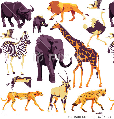Pattern of wild African animals. White background. Vector flat illustration. Zoo and tourism Pattern of wild African animals. White background. Vector flat illustration. Zoo and tourism 116716495