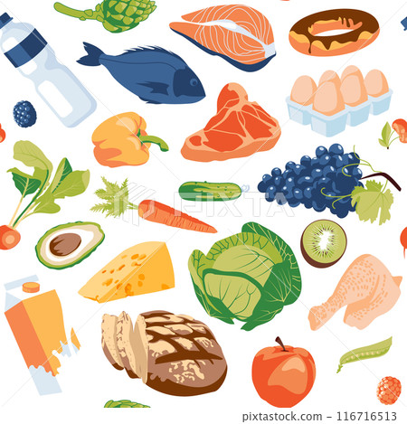 Pattern of grocery store elements. Advertising of goods in a supermarket. Fresh healthy food.  116716513