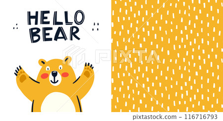 Cute Yellow Bear in the Forest. Greeting card with Hello Bear lettering Quote Cute Yellow Bear in the Forest. Greeting card with Hello Bear lettering Quote 116716793