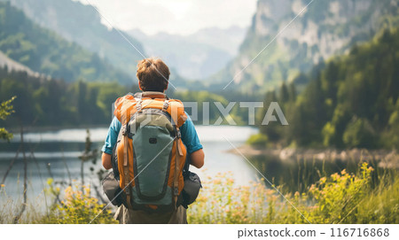 Hiker looking over a scenic lake. 116716868
