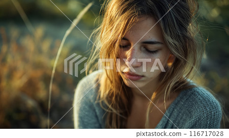 Woman lost in thought in nature. 116717028