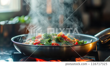 Steaming vegetables in a wok on the stove. 116717325