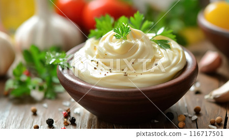 Bowl of creamy mayonnaise with herbs. Bowl of creamy mayonnaise with herbs. 116717501