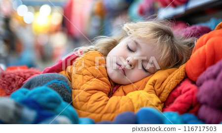 Child sleeping on colorful cushions. Child sleeping on colorful cushions. 116717503