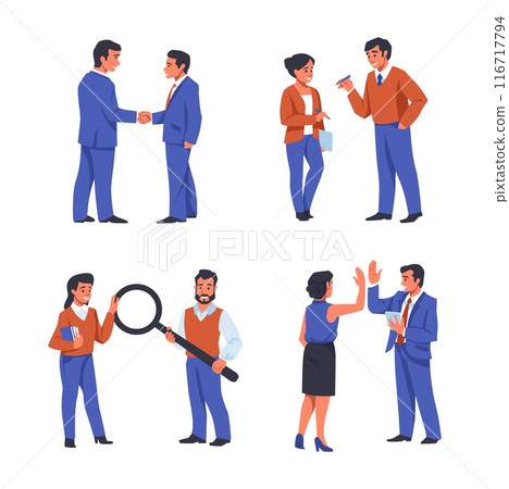 Contract signing. Businessman agreement. People communication. Office meeting for negotiation. Business employees. Partners handshake. Deal documents signature. Vector managers set Contract signing. Businessman agreement. People communication. Office meeting for negotiation. Business employees. Partners handshake. Deal documents signature. Vector managers set 116717794