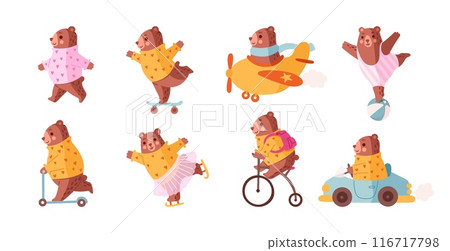 Funny bear. Cute characters on vintage scooter. Adorable animal in sweater. Wild boy toy on art bike or bicycle. Happy mammals on plane. Comic teddy skating. Vector cartoon elements set 116717798