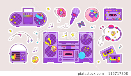 Music stickers. Girls headphone. Cute doodle heart and vintage baby banner. Microphone and boombox. 90s pop disco fun. Musical devices set. Audio disc and cassette. Vector doodle design 116717808