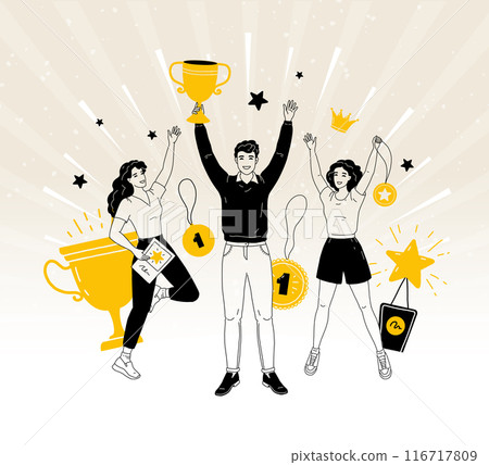 Win game. Line team with trophy, hand drawn man and woman partners, golden cups, sport or business competition. Champions first place. Characters with goblets and medals. Vector illustration Win game. Line team with trophy, hand drawn man and woman partners, golden cups, sport or business competition. Champions first place. Characters with goblets and medals. Vector illustration 116717809