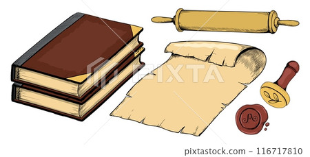 Ancient books. Parchment scroll. Antique document. Color sketch drawing. Papyrus sheets. Old stamp. Medieval letter. Manuscript roll. Historical curled pages. Engraving elements vector set Ancient books. Parchment scroll. Antique document. Color sketch drawing. Papyrus sheets. Old stamp. Medieval letter. Manuscript roll. Historical curled pages. Engraving elements vector set 116717810