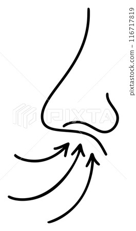 Human runny nose in profile line simple minimalistic inhale icon breath. Design element for packaging and advertising symptoms of medical rhinitis, colds, flu 116717819