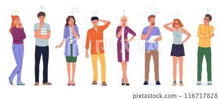 People think. Woman and man decision, cartoon flat person girl and boy character reflect problem trouble, idea choice or different consider. Confused thinking male and female vector isolated set 116717828