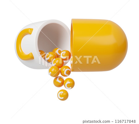 Vitamin C orange in capsule 3d icon. Minerals complex in molecular form pills. Dietary supplement for pharmacy advertisement. Science medic concept. Isolated white background Vitamin C orange in capsule 3d icon. Minerals complex in molecular form pills. Dietary supplement for pharmacy advertisement. Science medic concept. Isolated white background 116717848