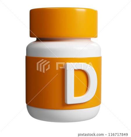 3D orange and white tube Vitamin D mockup tablet pharmacy icon. For science and beauty pharmacy cosmetic conceptual isolated on white background 3D orange and white tube Vitamin D mockup tablet pharmacy icon. For science and beauty pharmacy cosmetic conceptual isolated on white background 116717849