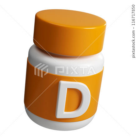 Vitamin D orange and white tube. 3D mockup tablet pharmacy icon. For science and beauty pharmacy cosmetic conceptual isolated on white background 116717850