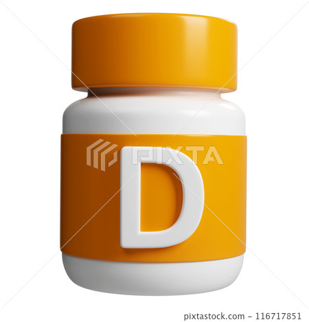 3D orange and white tube Vitamin D mockup tablet pharmacy icon. For science and beauty pharmacy cosmetic conceptual isolated on white background 3D orange and white tube Vitamin D mockup tablet pharmacy icon. For science and beauty pharmacy cosmetic conceptual isolated on white background 116717851