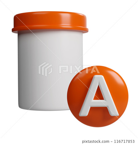 3D tube Vitamin A tablet mockup and orange tablets pharmacy icon for science and beauty pharmacy cosmetic conceptual isolated on white background 116717853