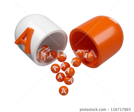 Vitamin A orange in capsule 3d icon. Minerals complex in molecular form pills. Dietary supplement for pharmacy advertisement. Science medic concept. Isolated white background Vitamin A orange in capsule 3d icon. Minerals complex in molecular form pills. Dietary supplement for pharmacy advertisement. Science medic concept. Isolated white background 116717865