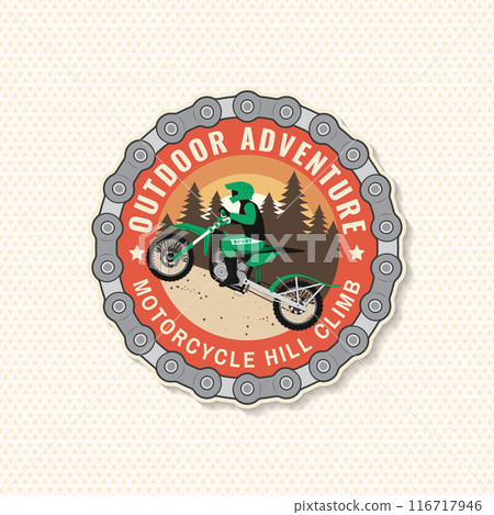 Motorcycle hill climb sticker. Vector. Sport patch with Man riding motorcycle in mountains Motorcycle hill climb sticker. Vector. Sport patch with Man riding motorcycle in mountains 116717946