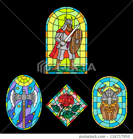 Set of Medieval colorful stained glass window. Colored gothic mosaic decoration for interior. Vector illustration. Vikings, knights, princess, rose, dragon 116717950