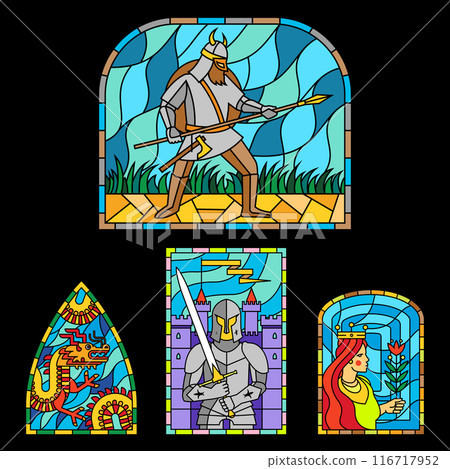 Set of Medieval colorful stained glass window. Colored gothic mosaic decoration for interior. Vector illustration. Vikings, knights, princess, rose, dragon 116717952