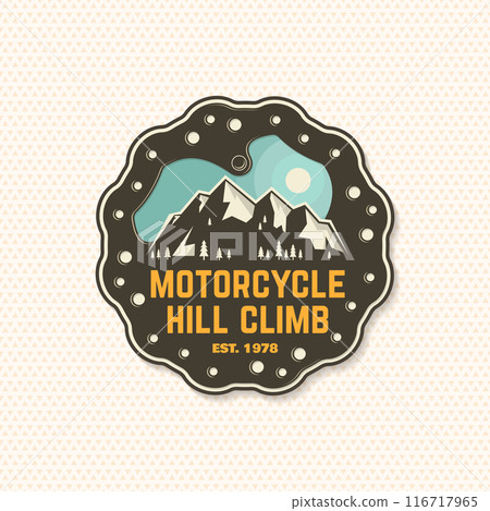 Motorcycle hill climb logo, badge, sticker. Vector illustration. Extreme sport with brake disc in mountains. 116717965
