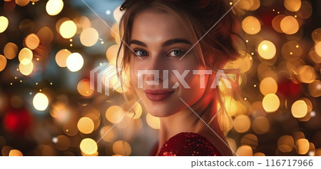 Woman Smiling in Front of Christmas Lights Woman Smiling in Front of Christmas Lights 116717966