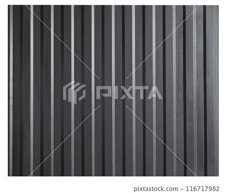 Galvanised steel corrugated profile. Flat roofing sheet isolated on white background. Standing seam metal roof panel with striations and ribs for roofing building, house and wall covering. Galvanised steel corrugated profile. Flat roofing sheet isolated on white background. Standing seam metal roof panel with striations and ribs for roofing building, house and wall covering. 116717982