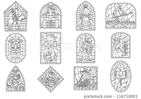 Set of Medieval colorful stained glass window. Colored gothic mosaic decoration for interior. Vector illustration. Vikings, knights, princess, rose, dragon 116718001
