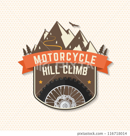 Motorcycle hill climb logo, badge, sticker. Vector. Extreme sport with motorcycle wheel and mountains Motorcycle hill climb logo, badge, sticker. Vector. Extreme sport with motorcycle wheel and mountains 116718014