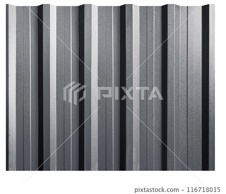 Galvanised steel corrugated profile. Flat roofing sheet isolated on white background. Standing seam metal roof panel with striations and ribs for roofing building, house and wall covering. 116718015