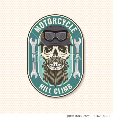 Motorcycle hill climb logo, badge, sticker. Vector. Extreme sport with motorcycle helmet, skull, glasses and wrenches Motorcycle hill climb logo, badge, sticker. Vector. Extreme sport with motorcycle helmet, skull, glasses and wrenches 116718022
