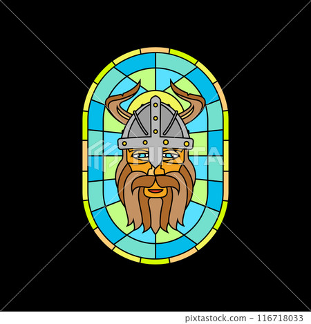 Viking warrior colorful stained glass window. Colored gothic mosaic decoration for interior. Vector illustration. 116718033