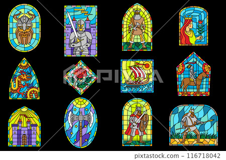 Set of Medieval colorful stained glass window. Colored gothic mosaic decoration for interior. Vector illustration. Vikings, knights, princess, rose, dragon 116718042